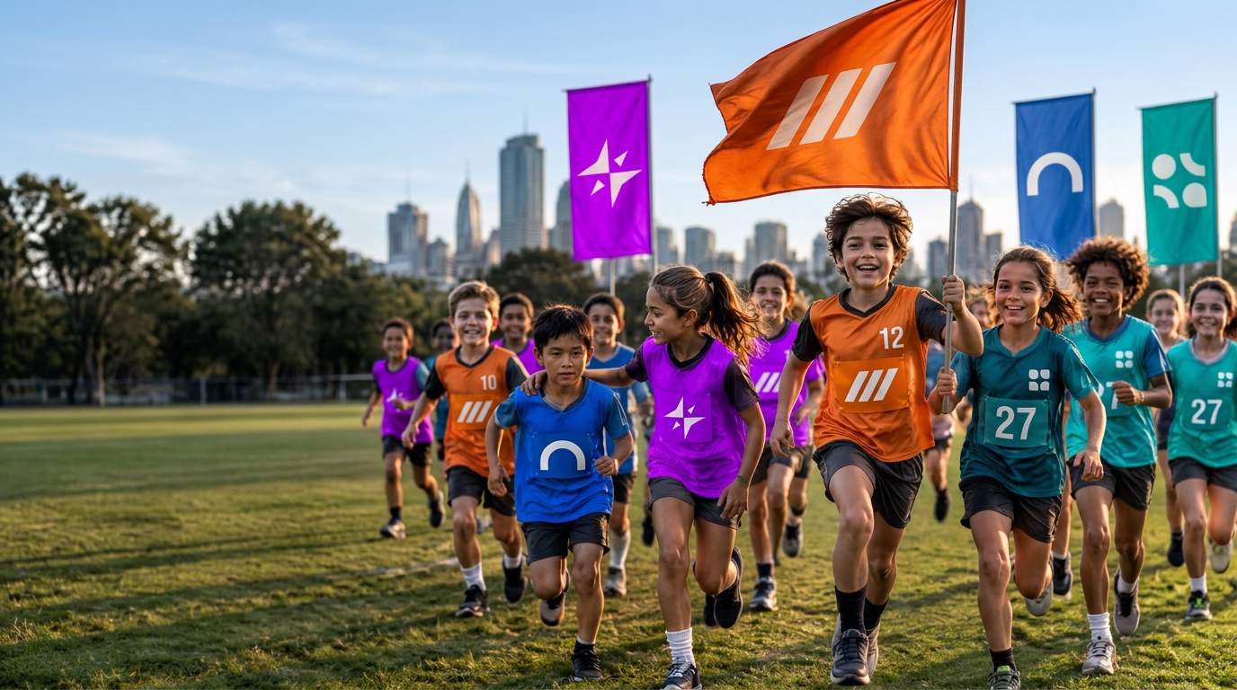 Children in Spark purple, Rush orange, Rise blue and Rally teal move together beneath four original House flags on a Melbourne sports field